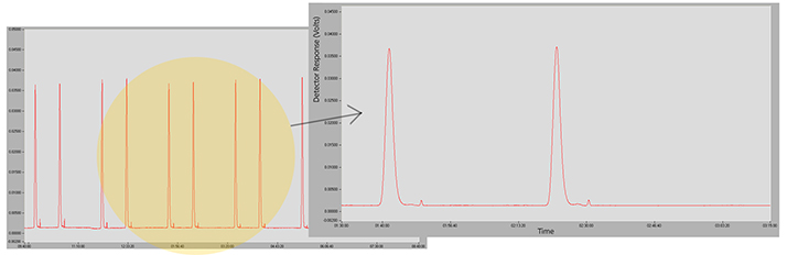 Chromatogram showing the consecutive injection of 6 vials, two injections per vial with no dilution. Detail showing the IR concentration signal stability.